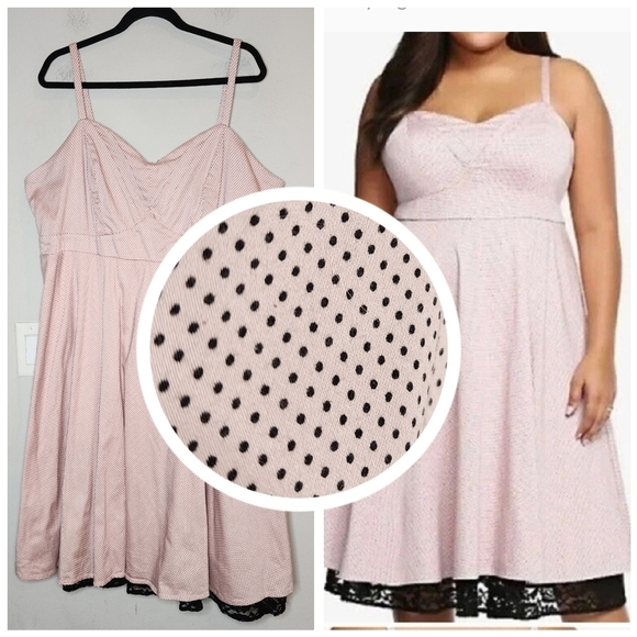 Torrid Pink Black Polka Dot lace trim sleeveless fit and flare dress size 20 - Picture 1 of 14
